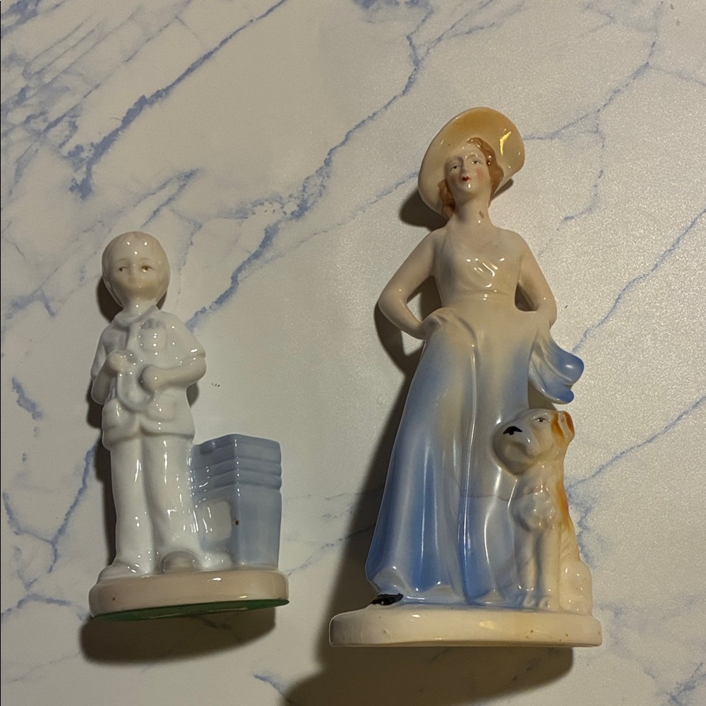 Porcelain Vintage Figurine Set - Blue and White, lady & boy ceramic